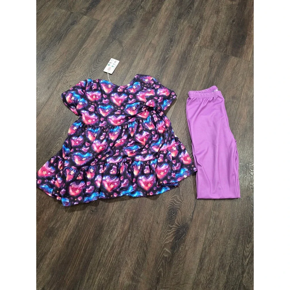 Pete + Lucy Girls Cosmic Heart Tunic and Purple Leggings Set Size 6/6X NWT